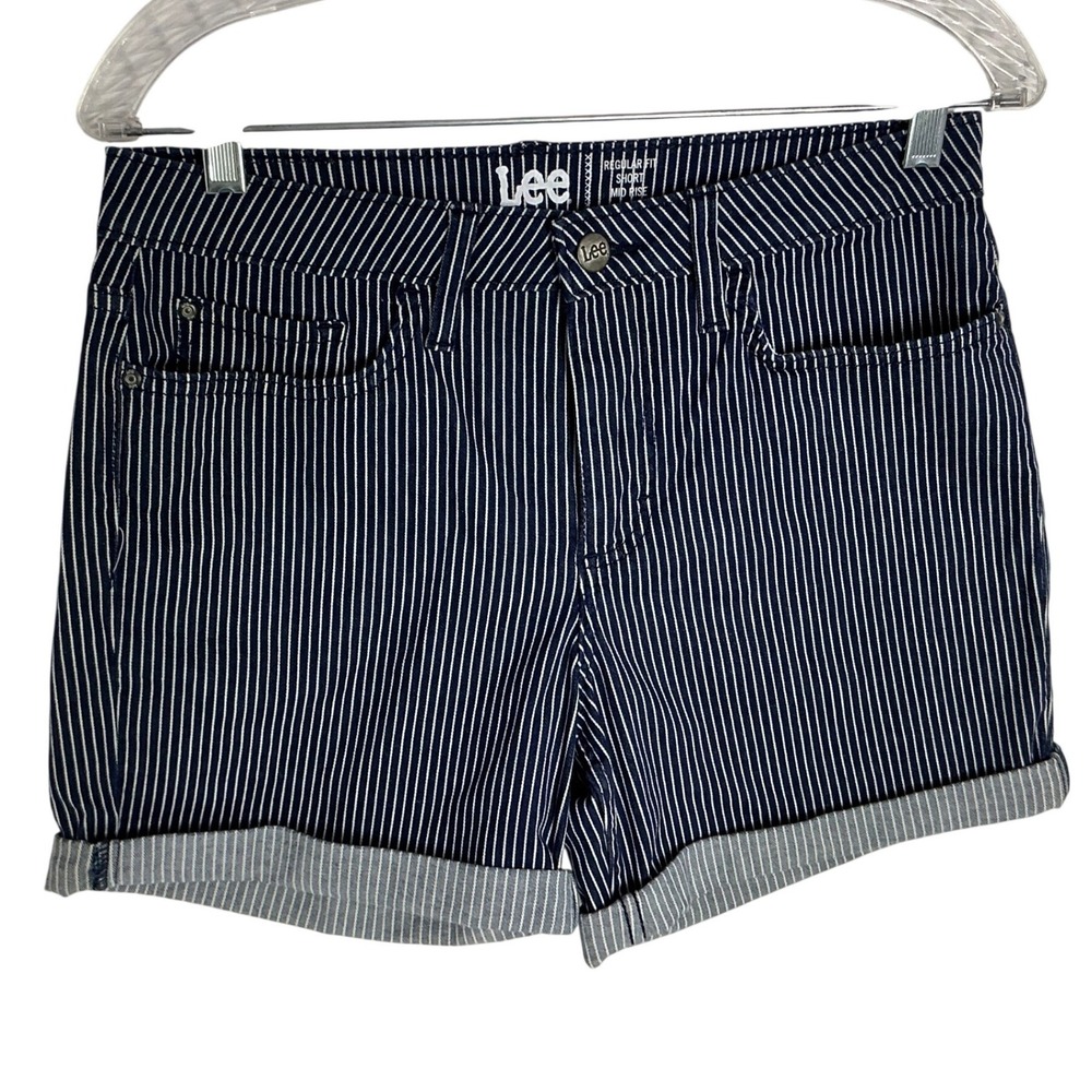 Lee Womens Hickory Stripe Denim Shorts Mid Rise Regular Fit Navy White Size 8